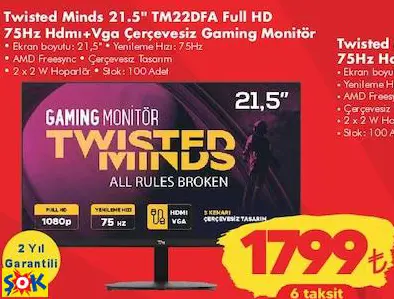 TWİSTED MİNDS 21.5 TM22DFA FULL HD 75HZ HDMI+VGA ÇERÇEVESİZ GAMİNG MONİTÖR/OYUN MONİTÖRÜ